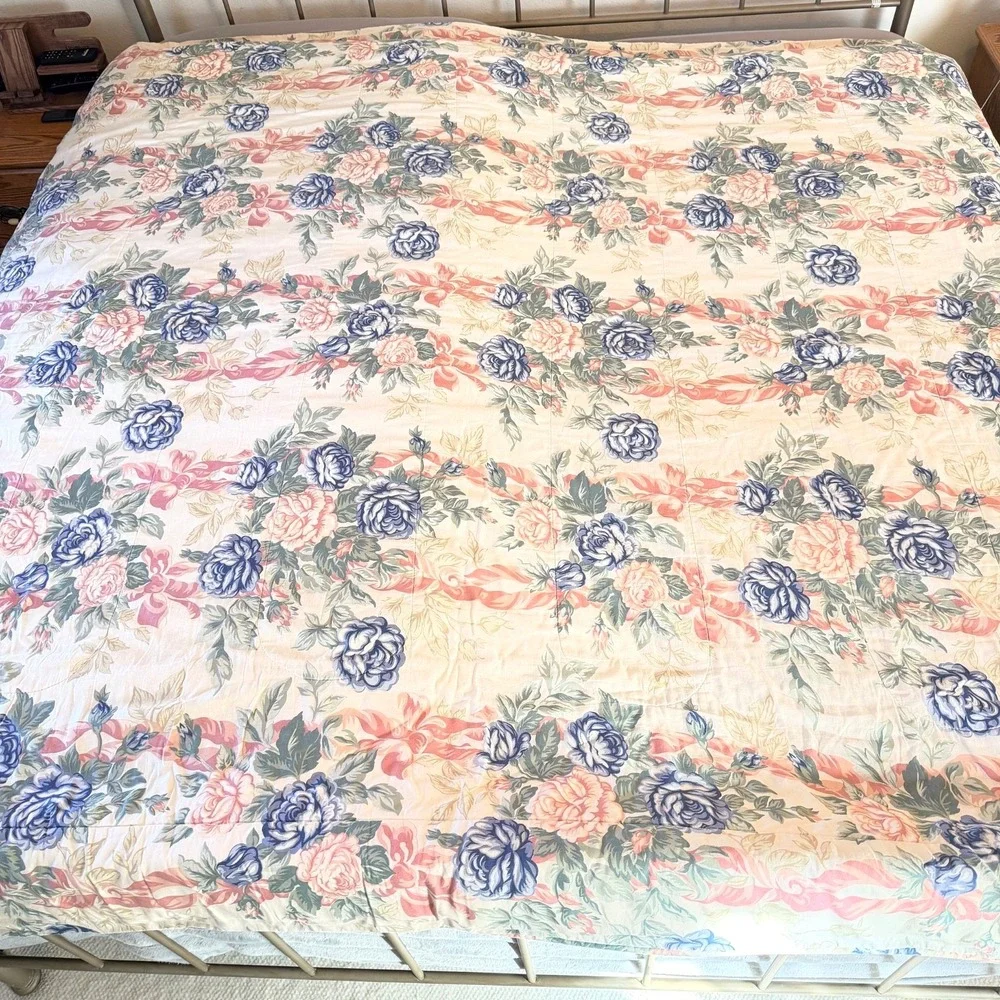 Vtg Royalty Collection Cottagecore Blue Rose Floral Comforter Pink Ribbon Full/Q
